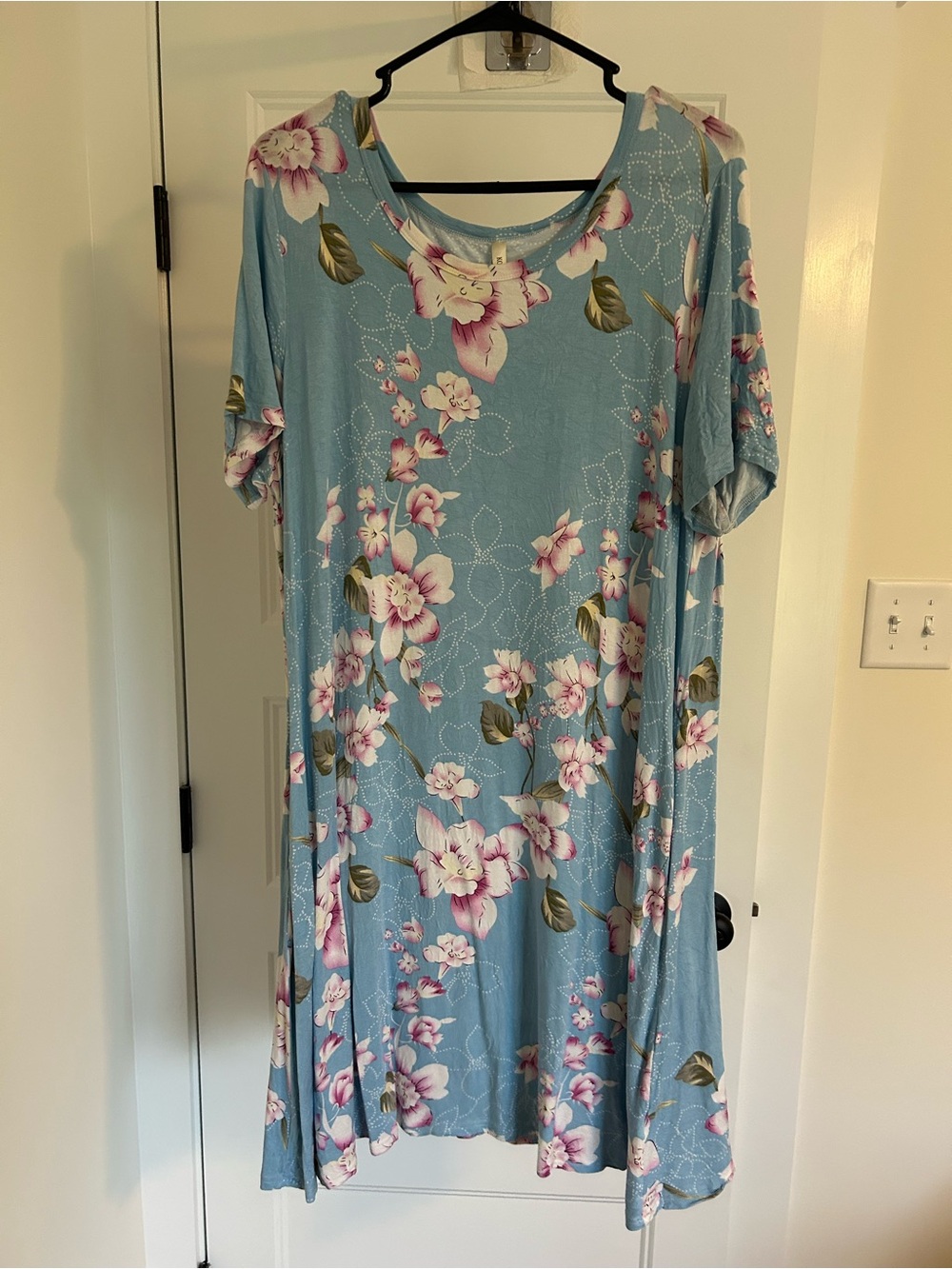 Light Blue Floral Midi Dress with Pink Bloom Accents